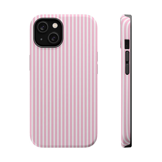 Pink Pinstripe Magnetic iPhone Case with soft pink and white stripes, a sleek and chic design for iPhone models 13, 14, 15, and 16.