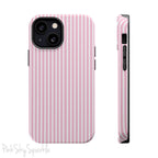 Pink Pinstripe Magnetic iPhone Case with soft pink and white stripes, a sleek and chic design for iPhone models 13, 14, 15, and 16.
