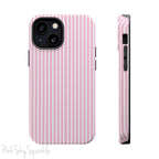 Pink Pinstripe Magnetic iPhone Case with soft pink and white stripes, a sleek and chic design for iPhone models 13, 14, 15, and 16.