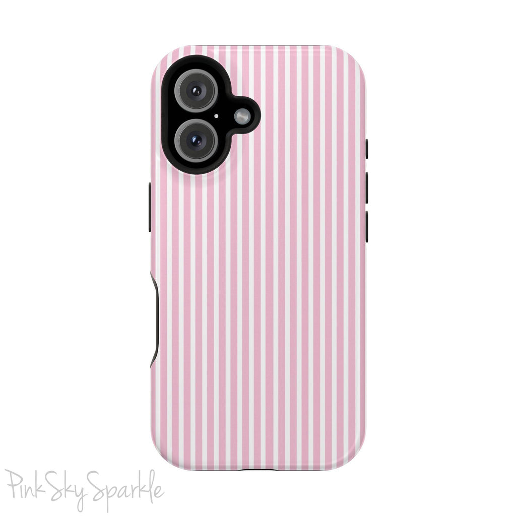 Pink Pinstripe Magnetic iPhone Case with soft pink and white stripes, a sleek and chic design for iPhone models 13, 14, 15, and 16.