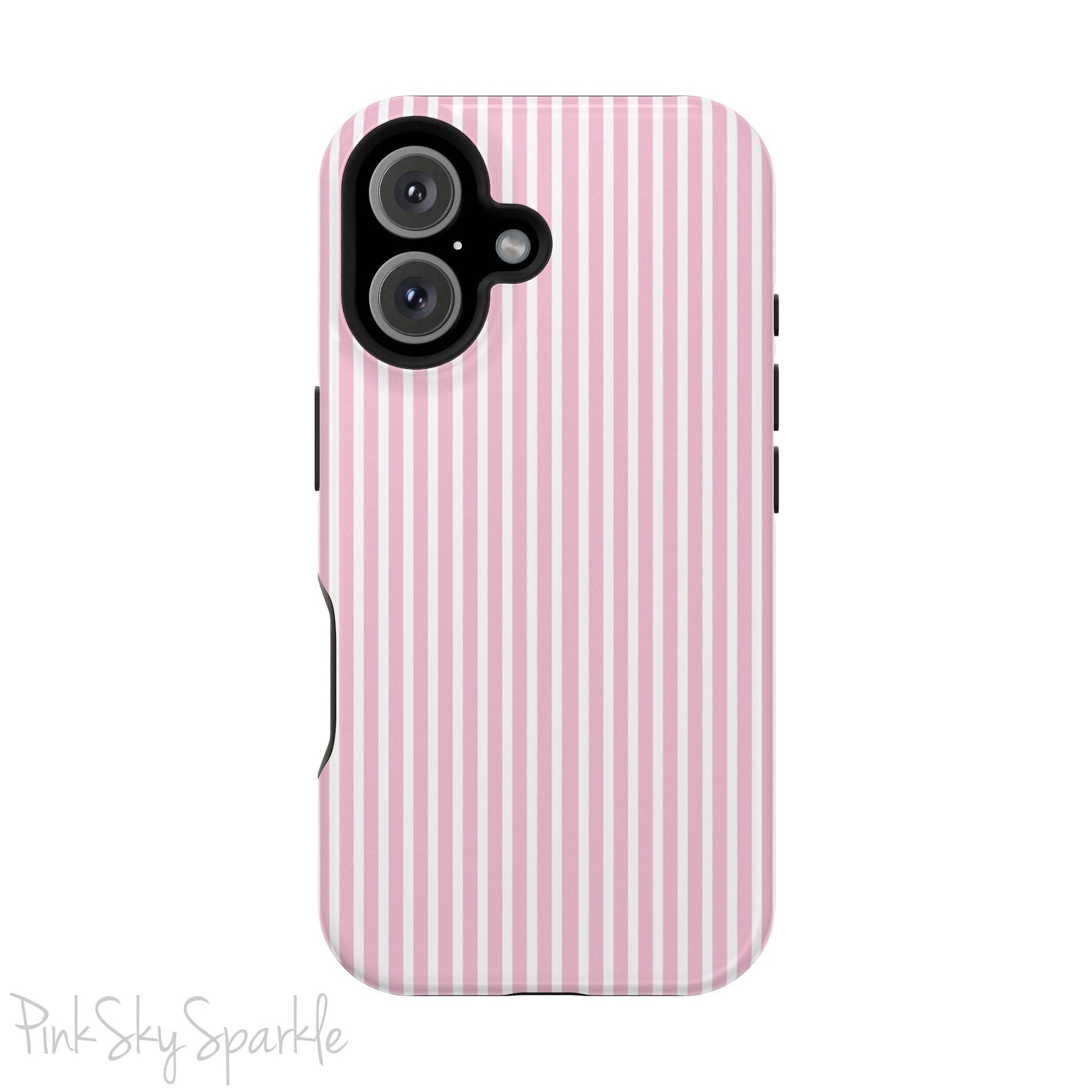 Pink Pinstripe Magnetic iPhone Case with soft pink and white stripes, a sleek and chic design for iPhone models 13, 14, 15, and 16.