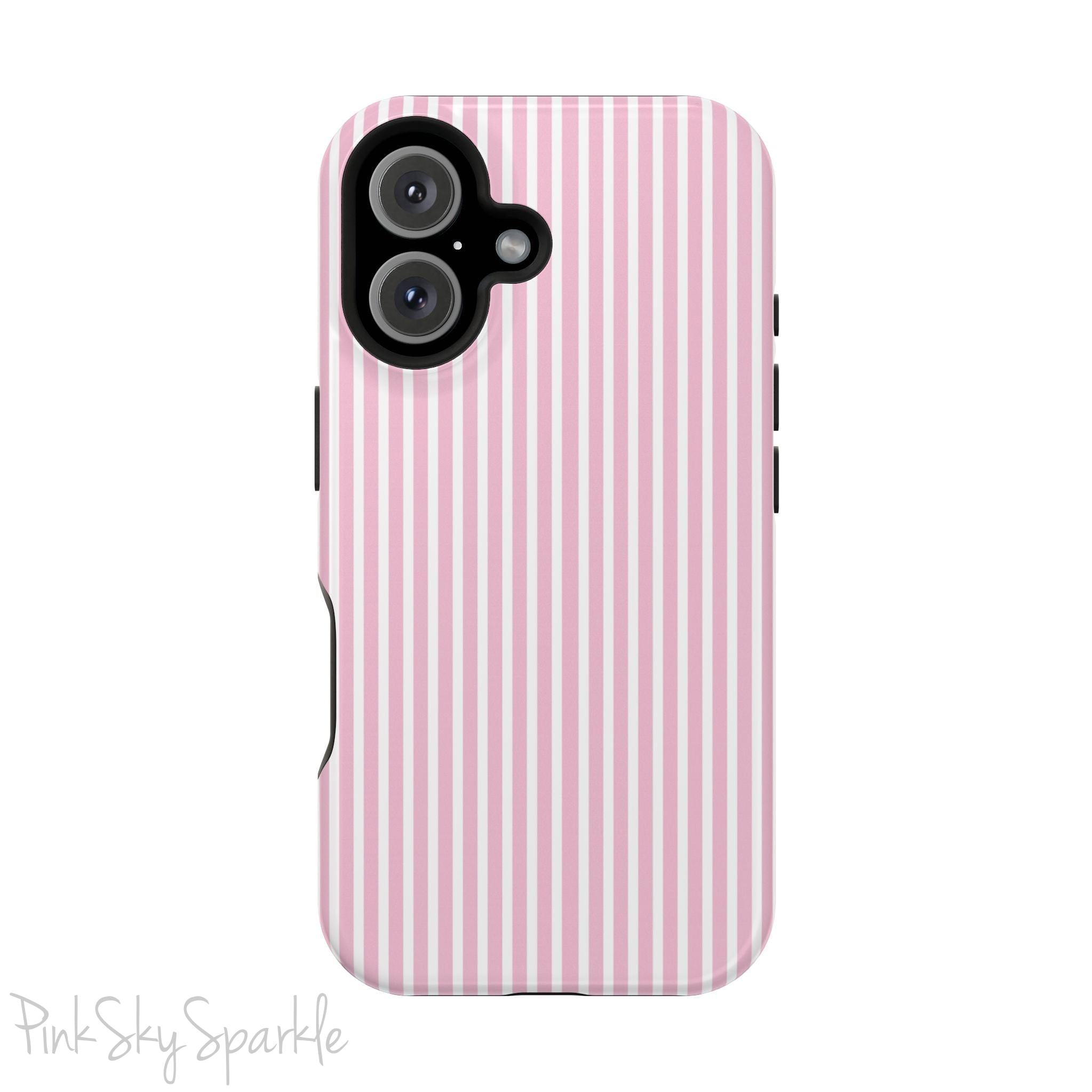 Pink Pinstripe Magnetic iPhone Case with soft pink and white stripes, a sleek and chic design for iPhone models 13, 14, 15, and 16.