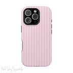 Pink Pinstripe Magnetic iPhone Case with soft pink and white stripes, a sleek and chic design for iPhone models 13, 14, 15, and 16.