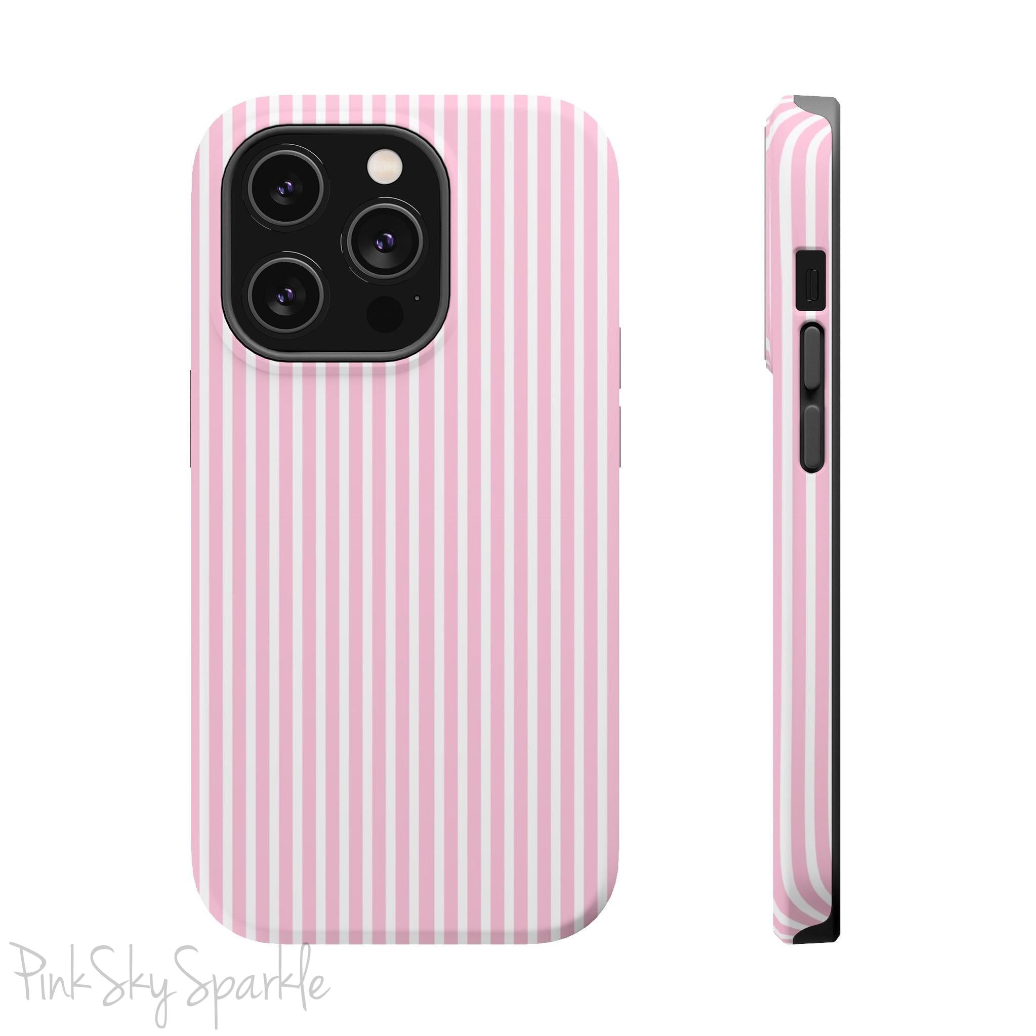 Pink Pinstripe Magnetic iPhone Case with soft pink and white stripes, a sleek and chic design for iPhone models 13, 14, 15, and 16.