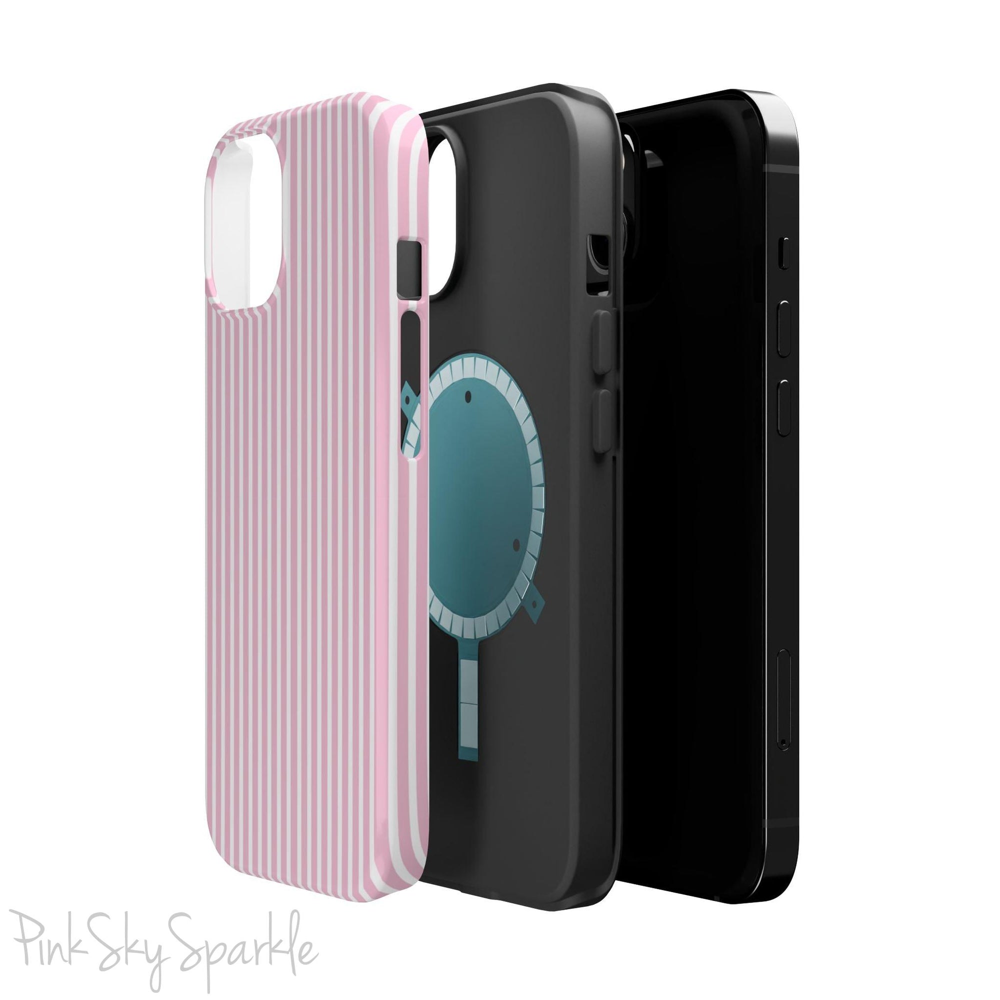 Pink Pinstripe Magnetic iPhone Case with soft pink and white stripes, a sleek and chic design for iPhone models 13, 14, 15, and 16.