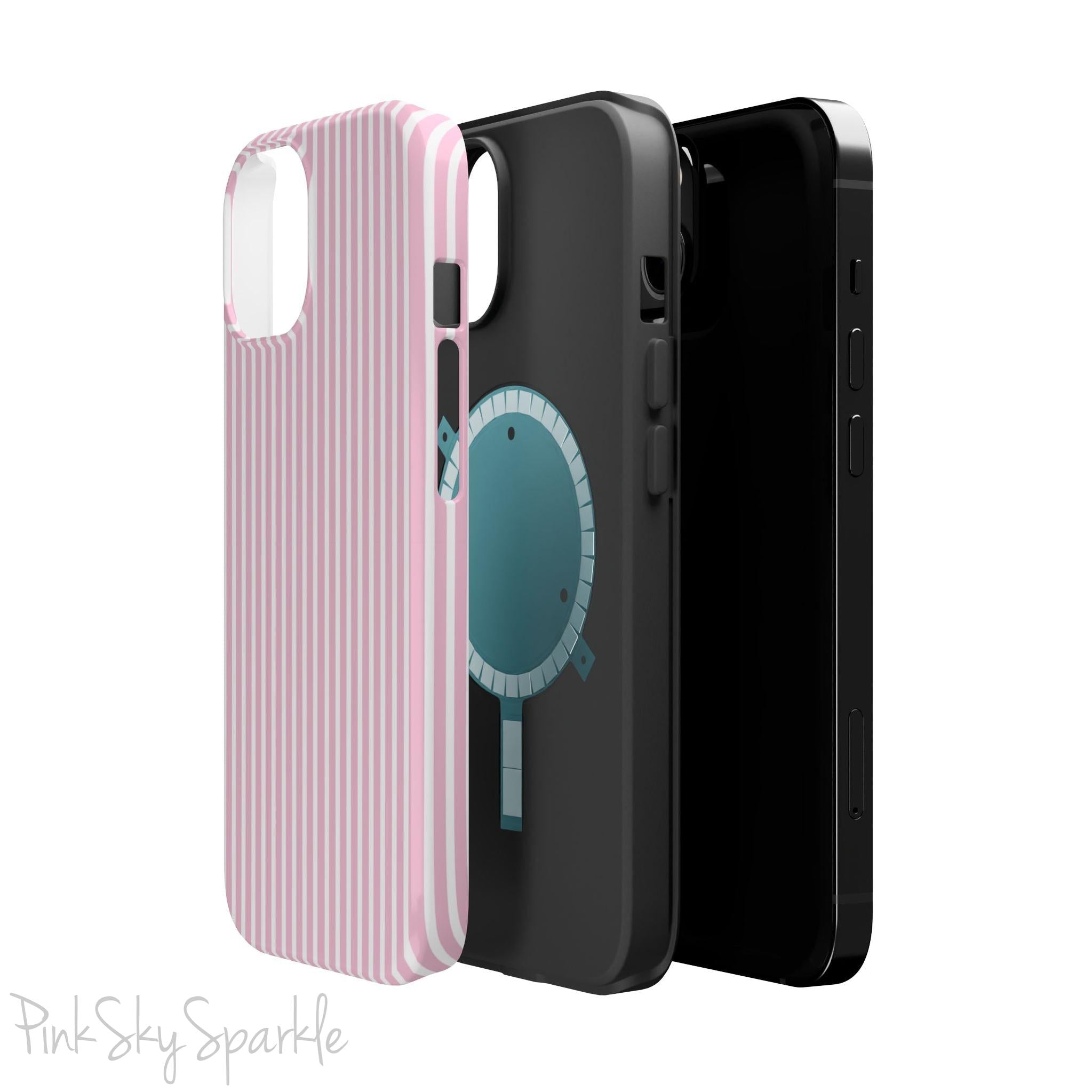 Pink Pinstripe Magnetic iPhone Case with soft pink and white stripes, a sleek and chic design for iPhone models 13, 14, 15, and 16.