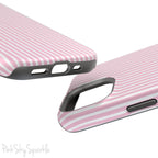 Pink Pinstripe Magnetic iPhone Case with soft pink and white stripes, a sleek and chic design for iPhone models 13, 14, 15, and 16.