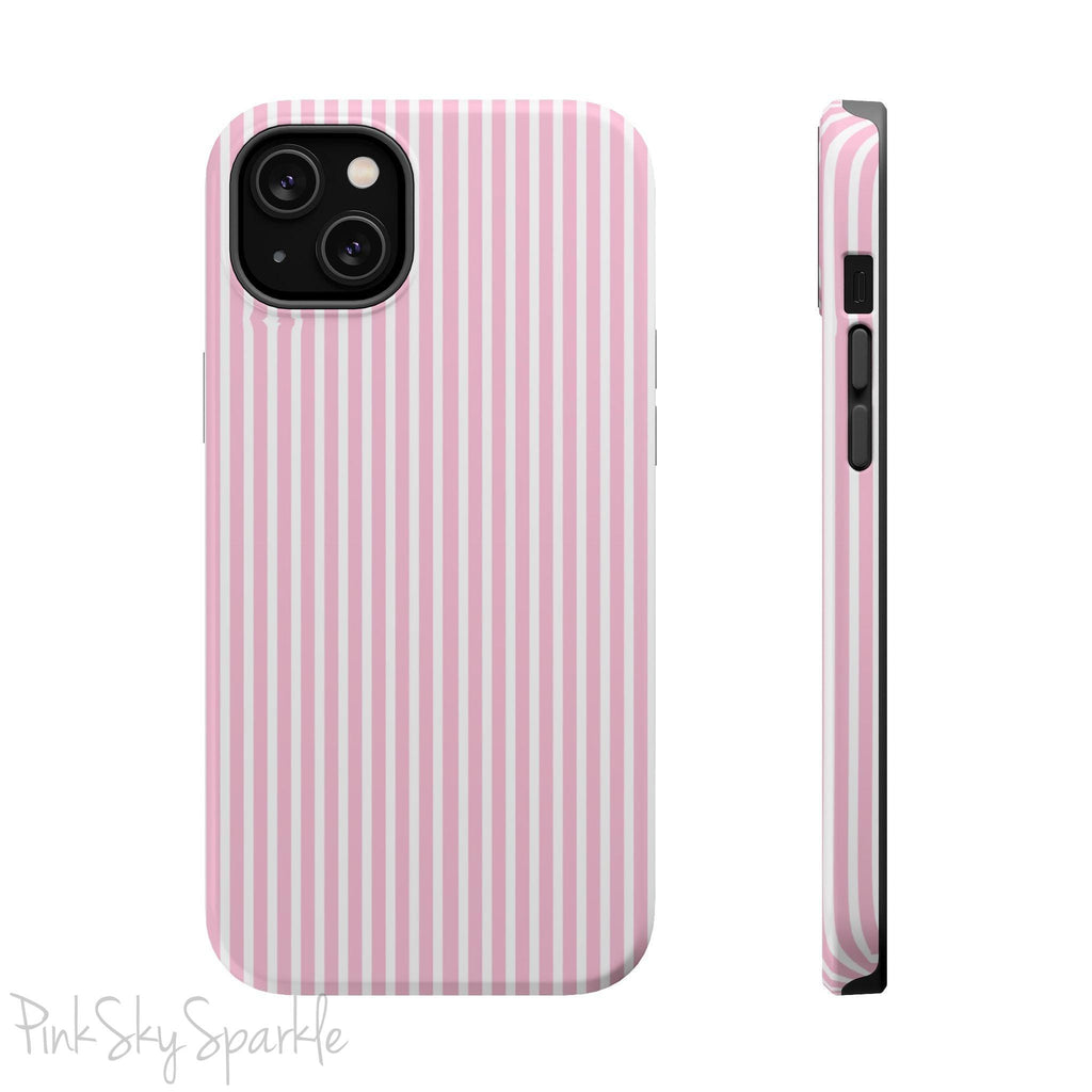 Pink Pinstripe Magnetic iPhone Case with soft pink and white stripes, a sleek and chic design for iPhone models 13, 14, 15, and 16.