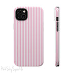 Pink Pinstripe Magnetic iPhone Case with soft pink and white stripes, a sleek and chic design for iPhone models 13, 14, 15, and 16.