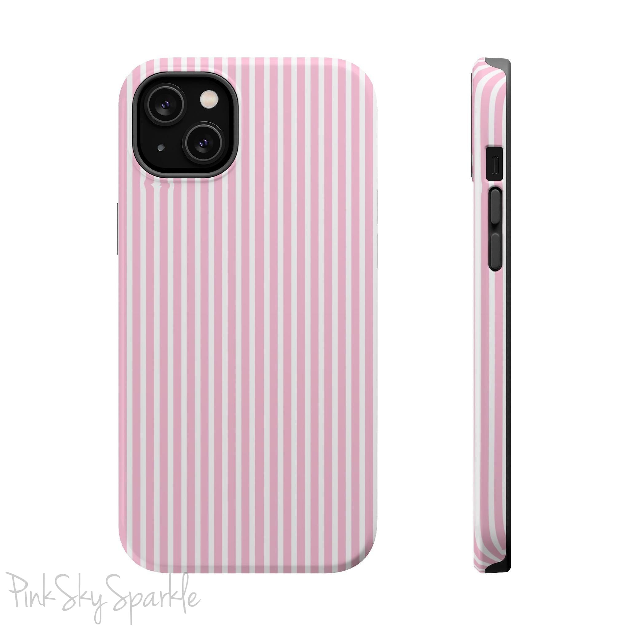 Pink Pinstripe Magnetic iPhone Case with soft pink and white stripes, a sleek and chic design for iPhone models 13, 14, 15, and 16.