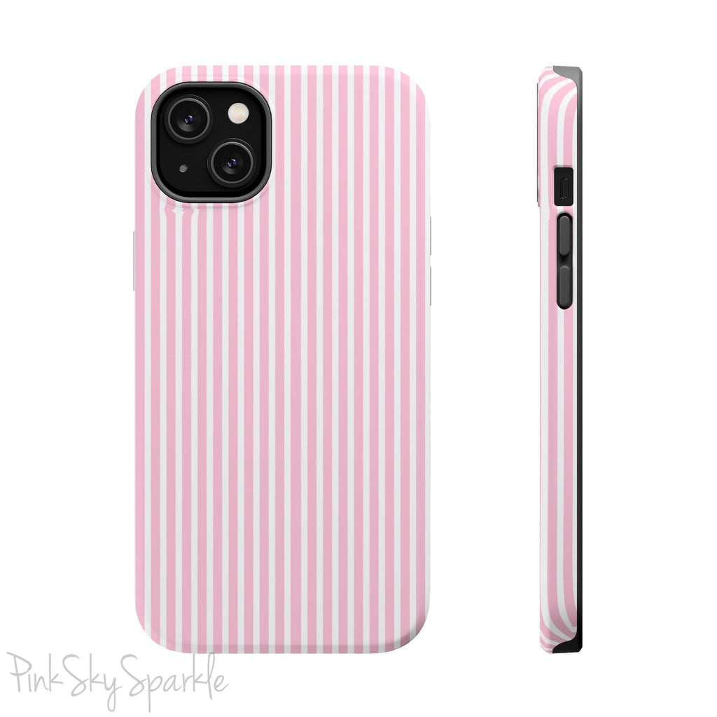 Pink Pinstripe Magnetic iPhone Case with soft pink and white stripes, a sleek and chic design for iPhone models 13, 14, 15, and 16.