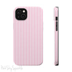 Pink Pinstripe Magnetic iPhone Case with soft pink and white stripes, a sleek and chic design for iPhone models 13, 14, 15, and 16.
