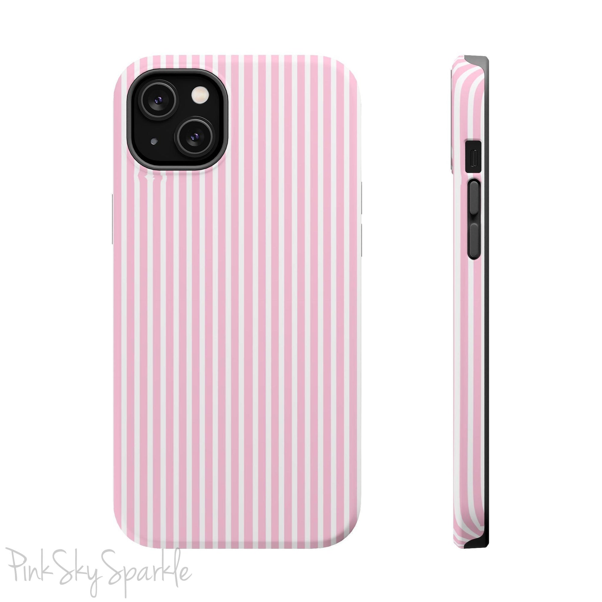 Pink Pinstripe Magnetic iPhone Case with soft pink and white stripes, a sleek and chic design for iPhone models 13, 14, 15, and 16.