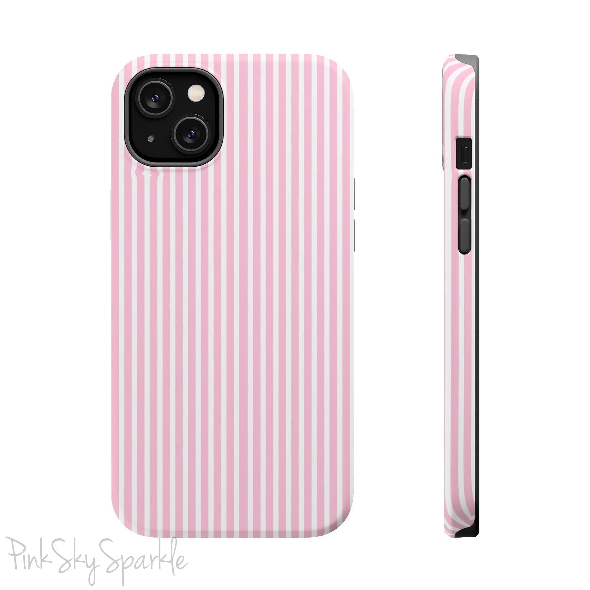 Pink Pinstripe Magnetic iPhone Case with soft pink and white stripes, a sleek and chic design for iPhone models 13, 14, 15, and 16.