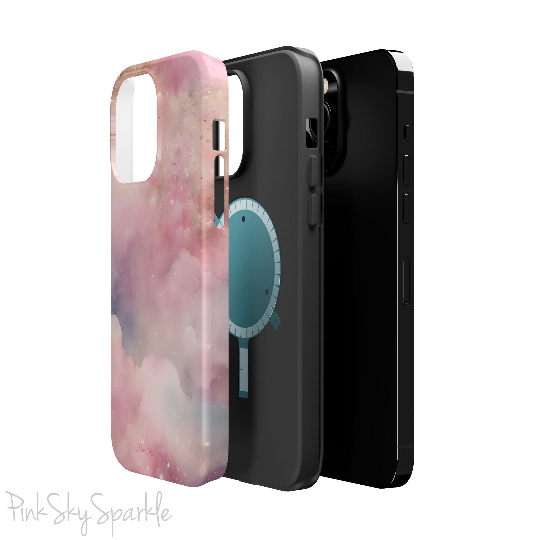 Pink Sky Magic iPhone Case, featuring pink, blue, purple and gold tone clouds.