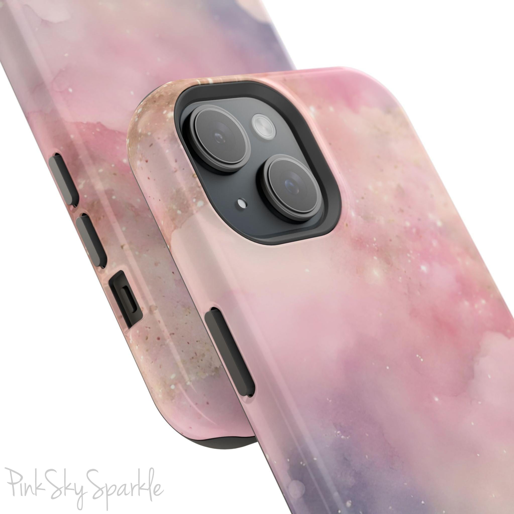 Pink Sky Magic iPhone Case, featuring pink, blue, purple and gold tone clouds.