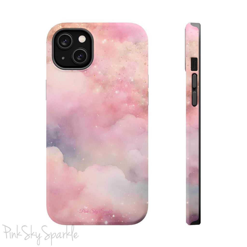 Pink Sky Magic iPhone Case, featuring pink, blue, purple and gold tone clouds.