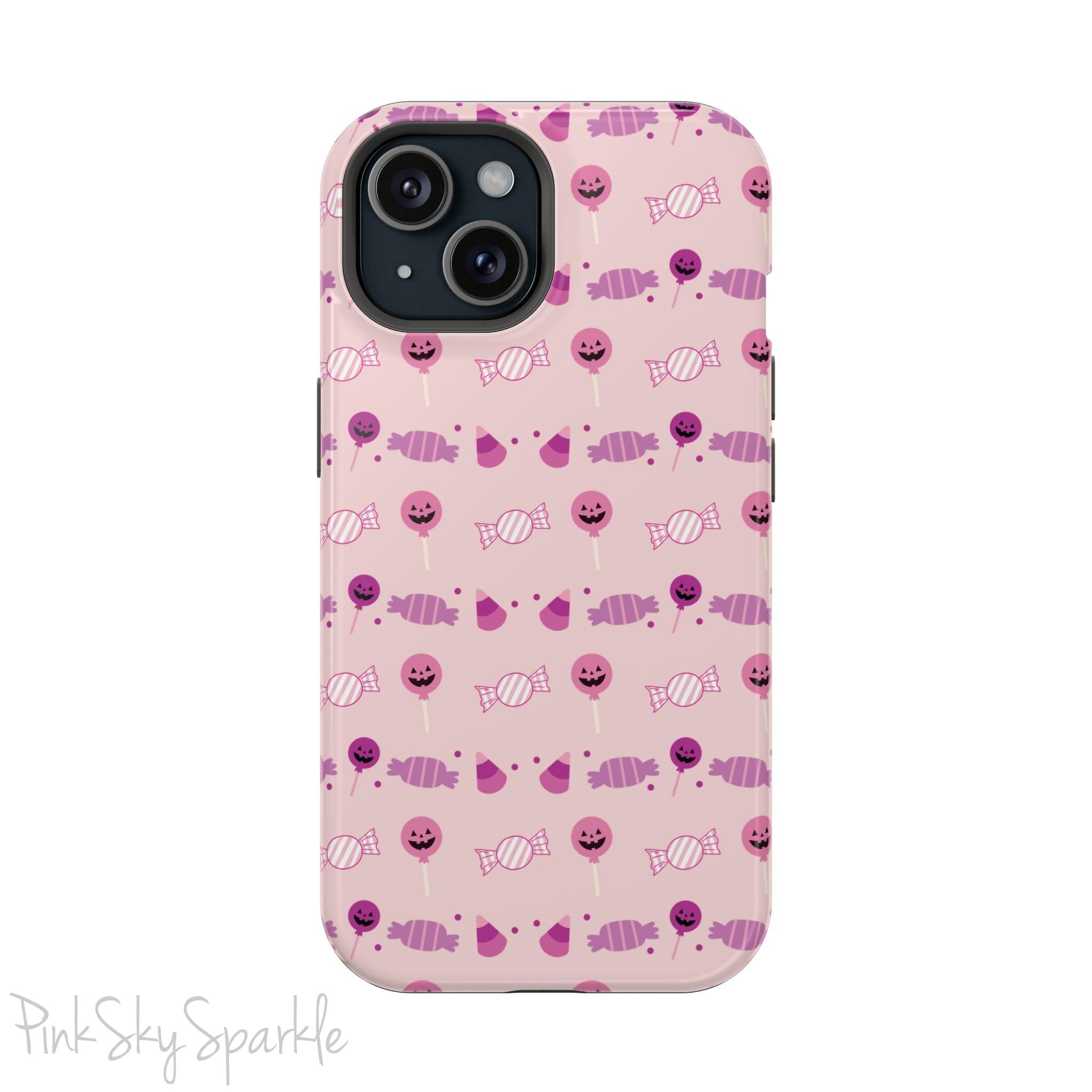 Pink Tough Magnetic iPhone Case with a pink and purple Halloween candy pattern. 