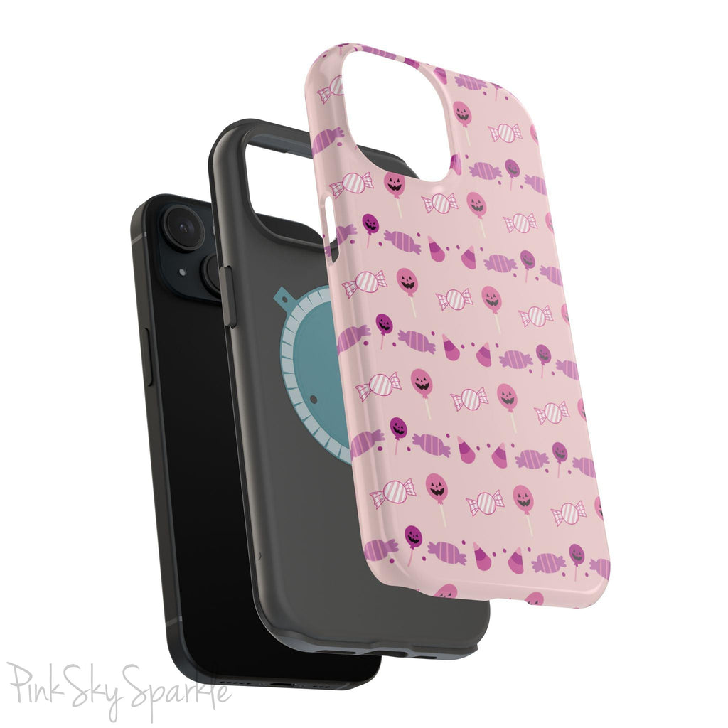 Pink Tough Magnetic iPhone Case with a pink and purple Halloween candy pattern. 