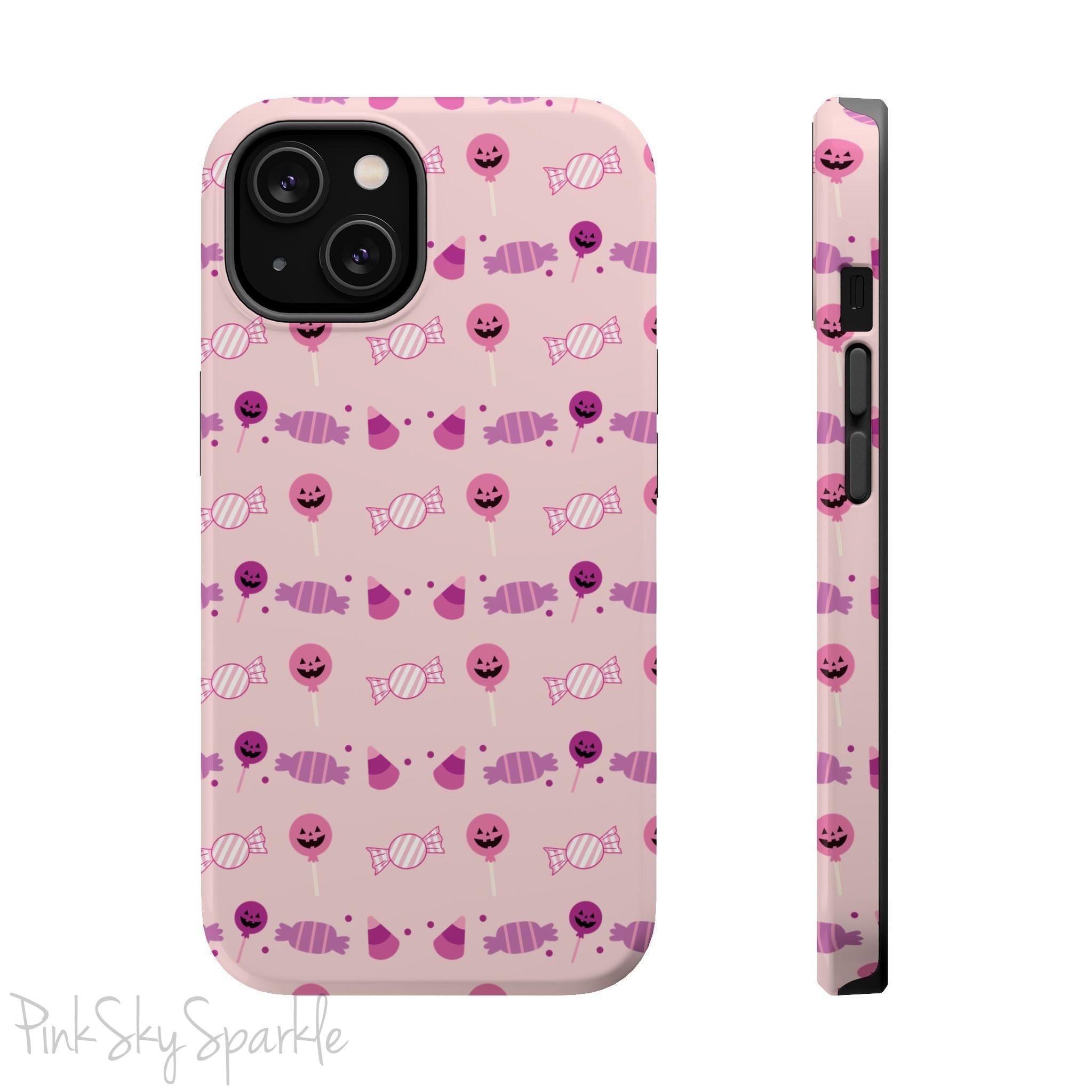 Pink Tough Magnetic iPhone Case with a pink and purple Halloween candy pattern. 
