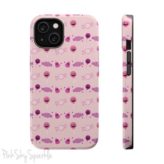 Pink Tough Magnetic iPhone Case with a pink and purple Halloween candy pattern. 