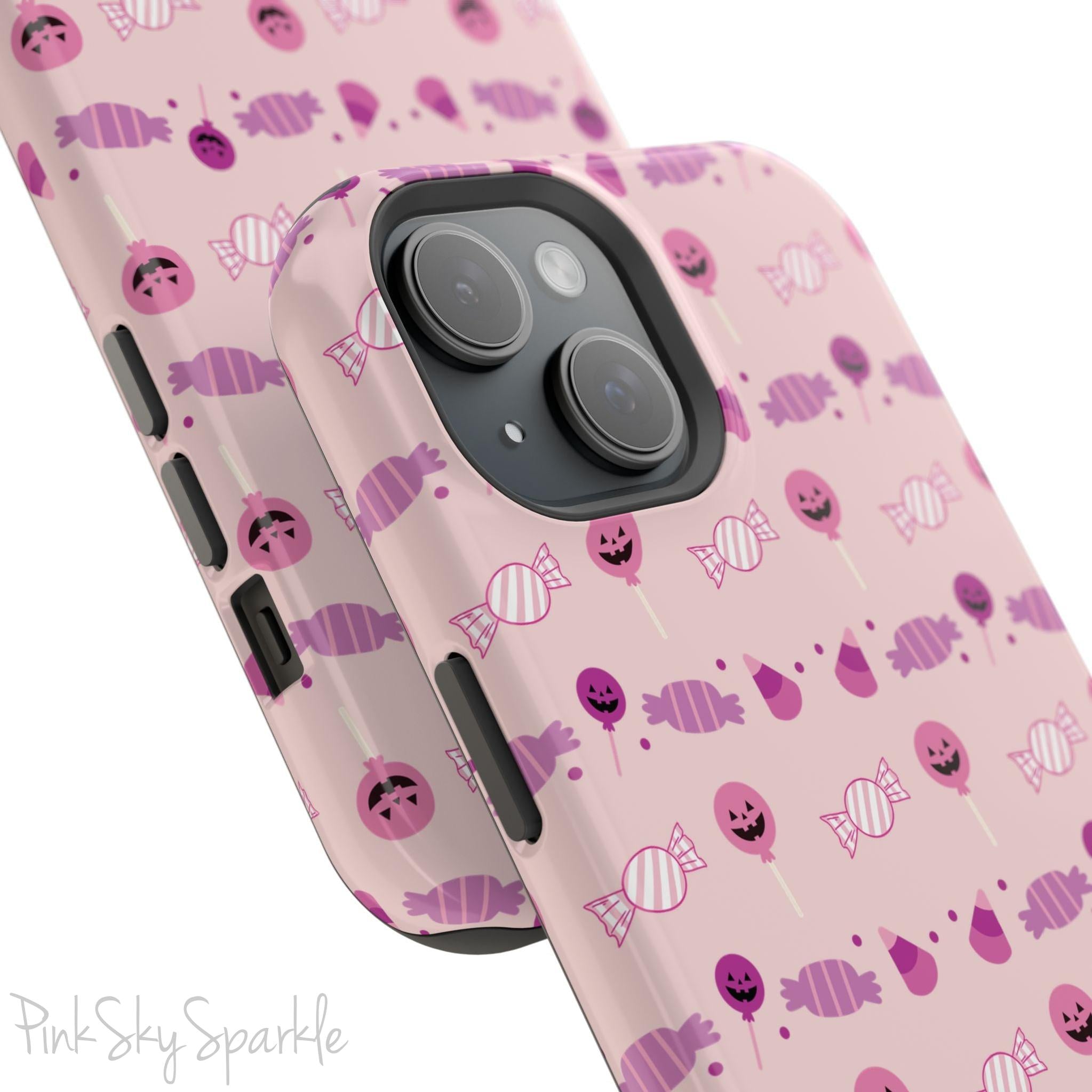 Pink Tough Magnetic iPhone Case with a pink and purple Halloween candy pattern. 