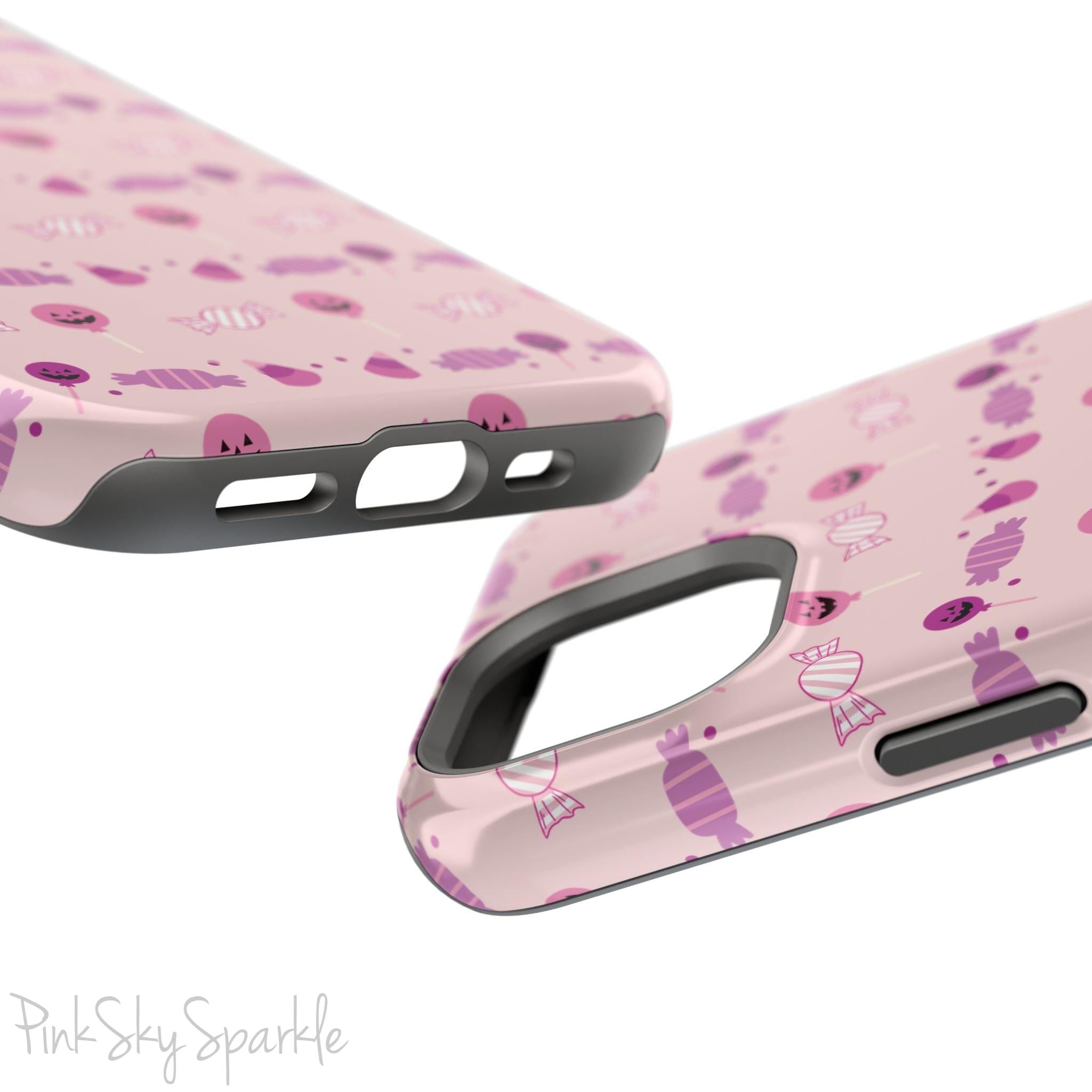 Pink Tough Magnetic iPhone Case with a pink and purple Halloween candy pattern. 