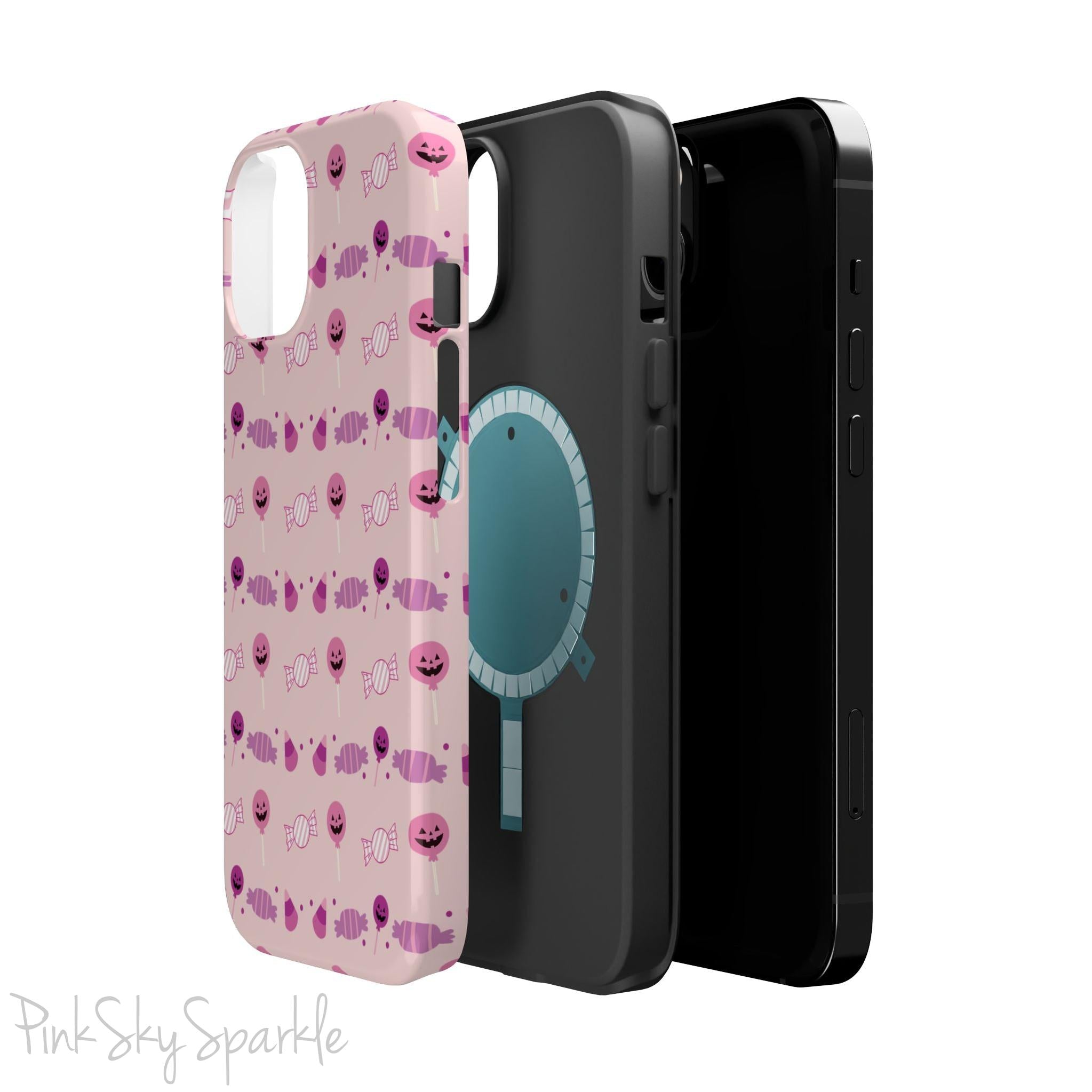 Pink Tough Magnetic iPhone Case with a pink and purple Halloween candy pattern. 
