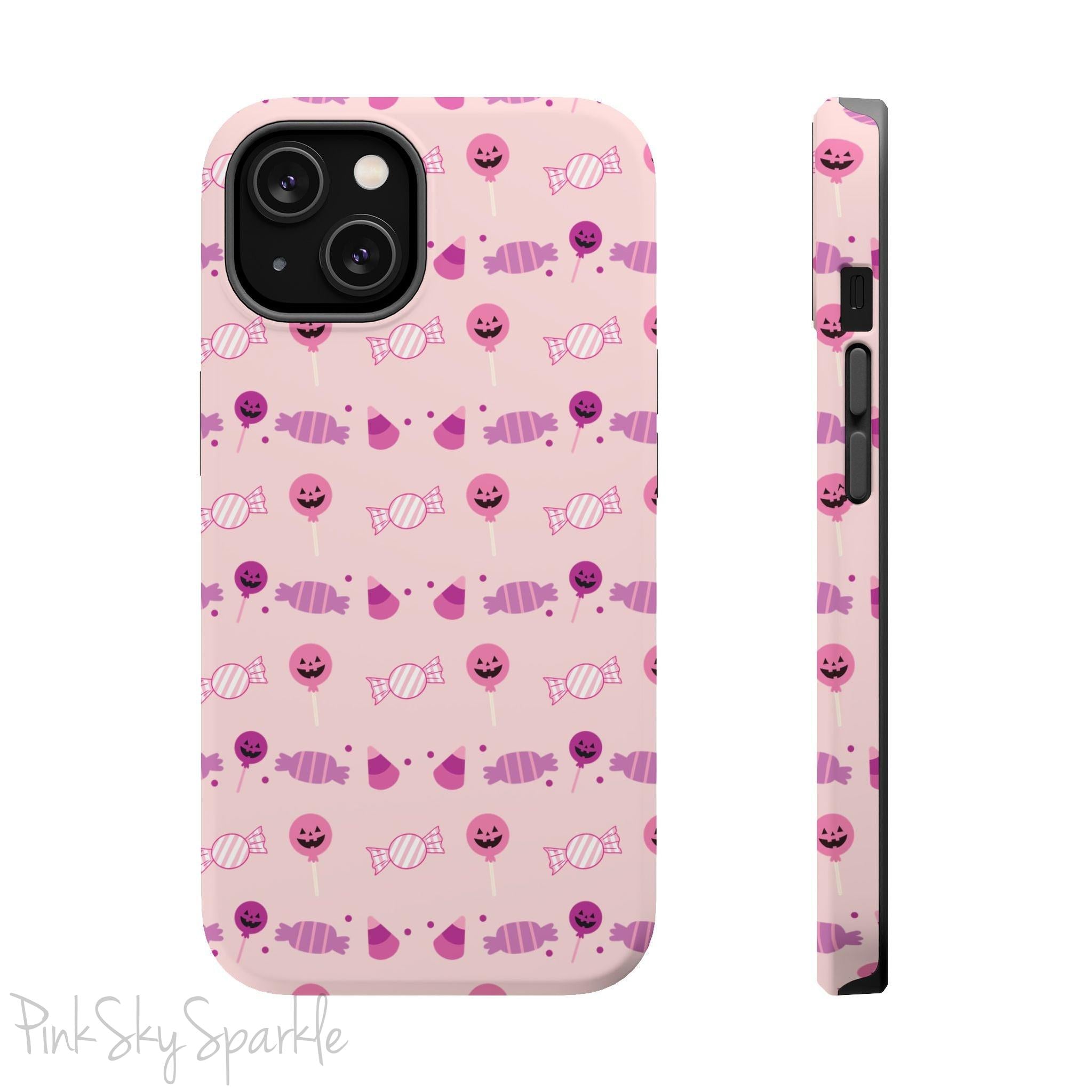 Pink Tough Magnetic iPhone Case with a pink and purple Halloween candy pattern. 