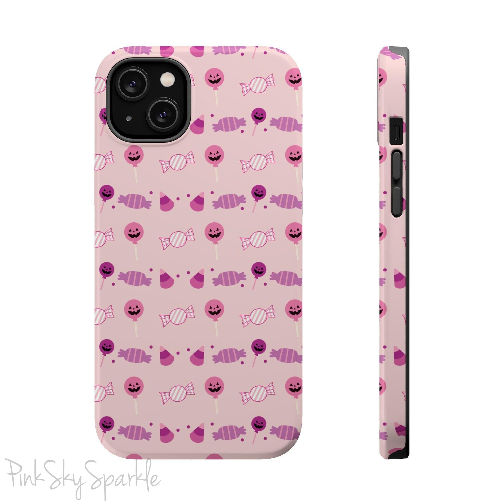 Pink Tough Magnetic iPhone Case with a pink and purple Halloween candy pattern. 