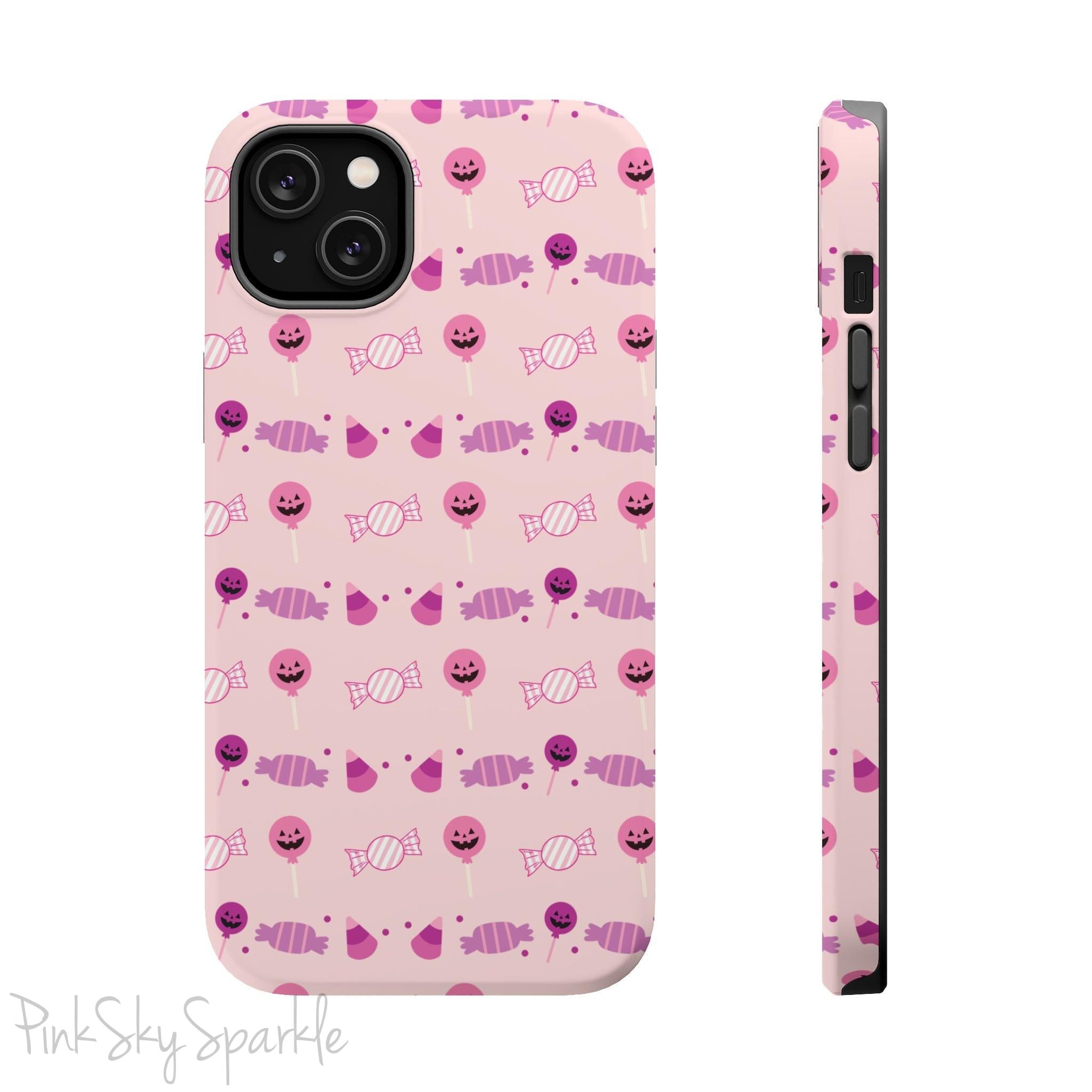 Pink Tough Magnetic iPhone Case with a pink and purple Halloween candy pattern. 