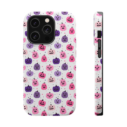 iPhone case with pink and purples pumpkin pattern. Perfect for Halloween.