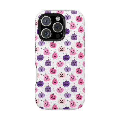 Coque magnétique pour iPhone à motif citrouilles roses et violettes