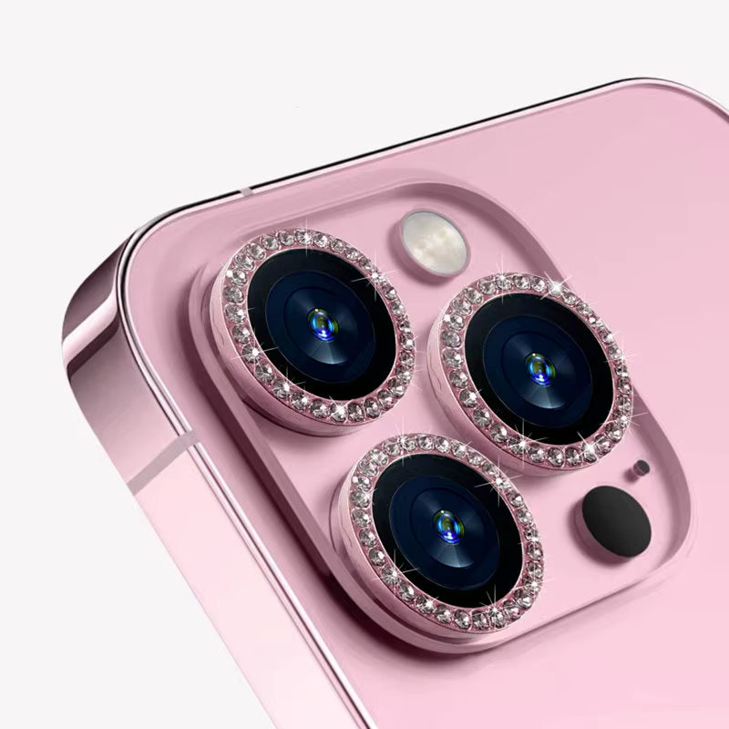 Pink phone case with bling camera lens covers on a white background