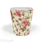 Rose Garden Latte Mug. A white mug with a rose vine print on an ivory coloured background.