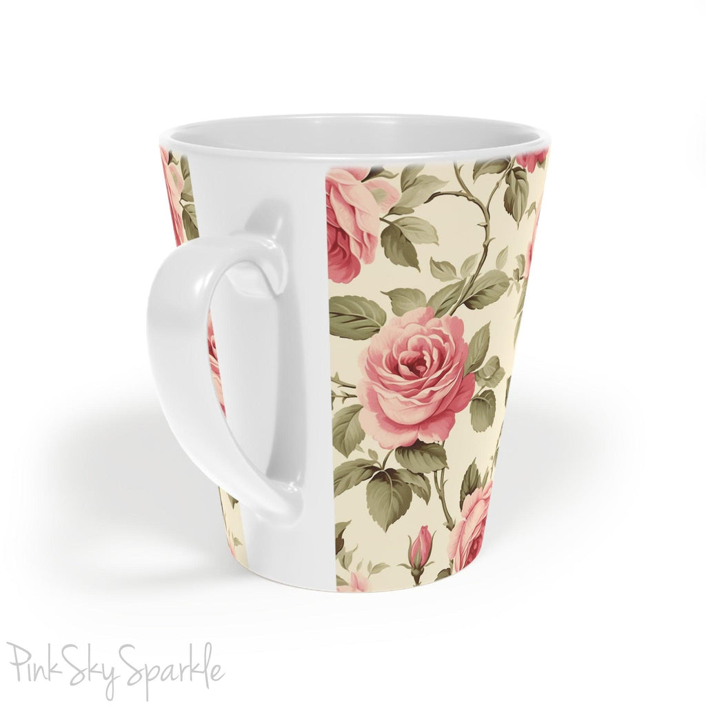 Rose Garden Latte Mug. A white mug with a rose vine print on an ivory coloured background.