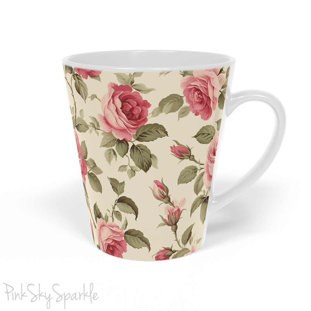 Rose Garden Latte Mug. A white mug with a rose vine print on an ivory coloured background.