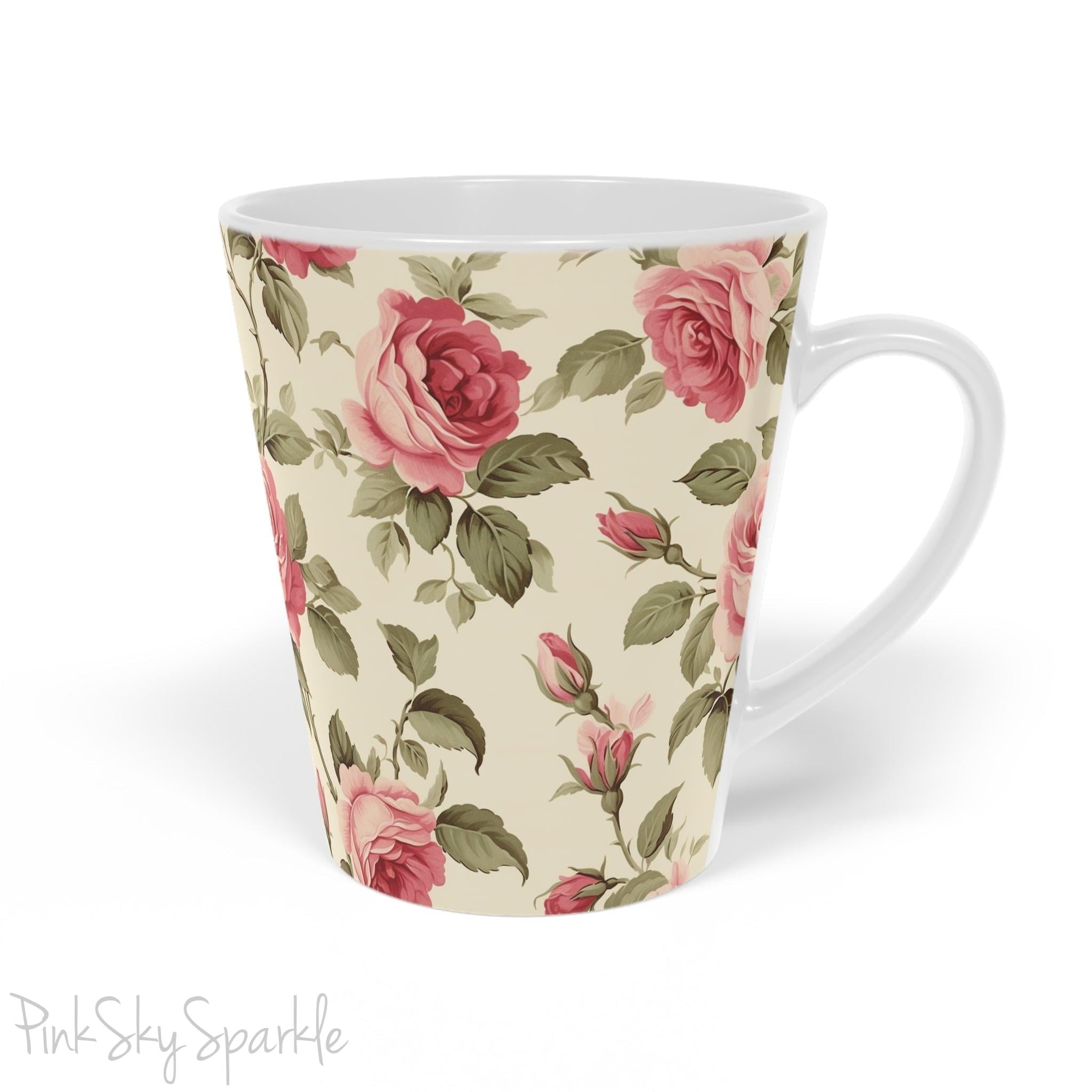 Rose Garden Latte Mug. A white mug with a rose vine print on an ivory coloured background.