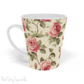Rose Garden Latte Mug. A white mug with a rose vine print on an ivory coloured background.