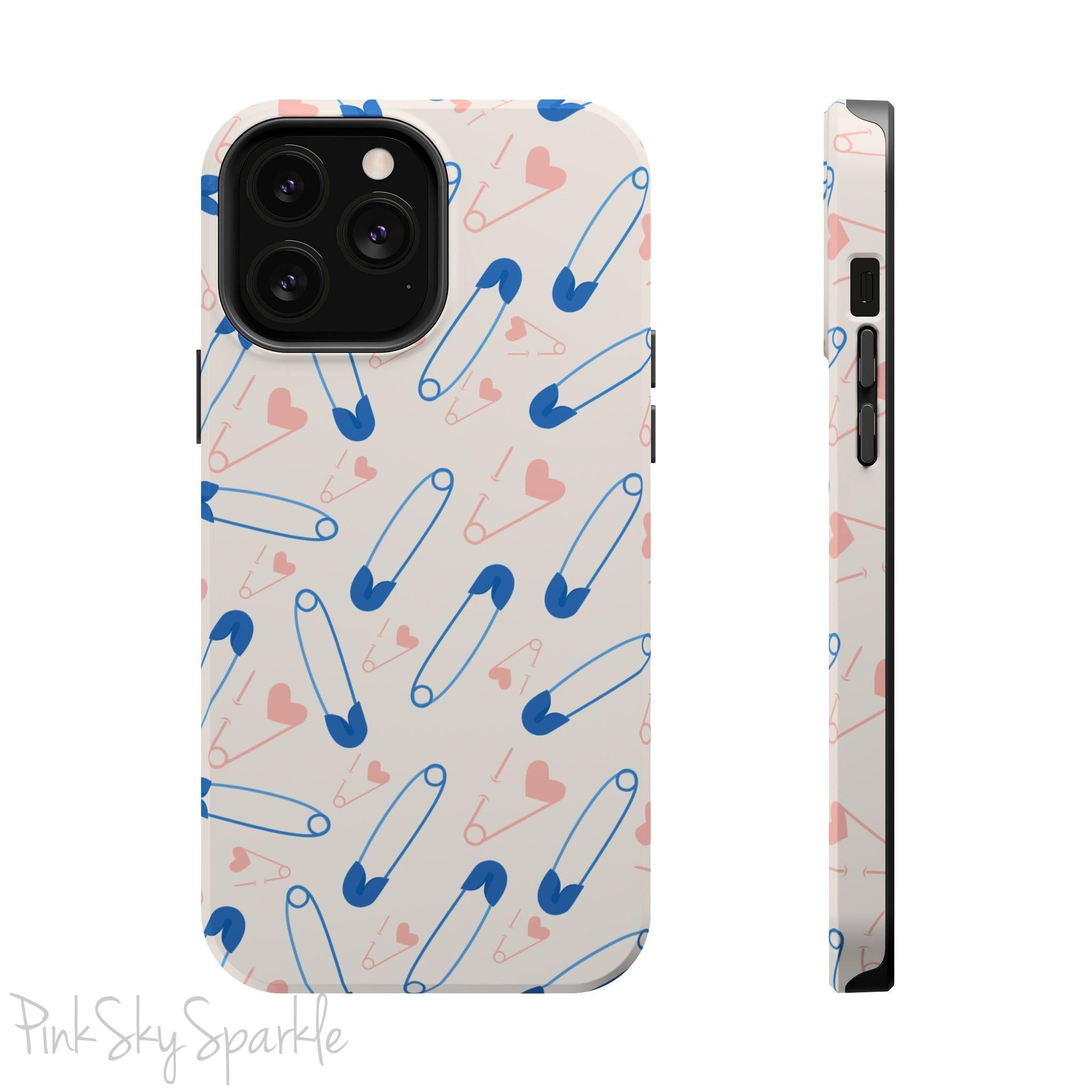 Make a statement with the Safety Pin Magnetic iPhone Case. Featuring a sleek design of blue safety pins, this case adds unique flair while providing durable protection for iPhone models 13, 14, 15, and 16.
