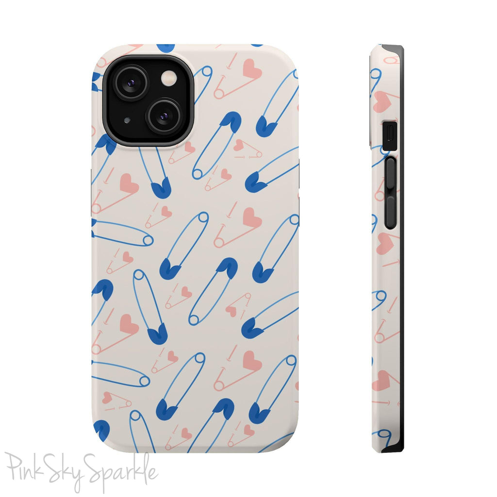 Make a statement with the Safety Pin Magnetic iPhone Case. Featuring a sleek design of blue safety pins, this case adds unique flair while providing durable protection for iPhone models 13, 14, 15, and 16.