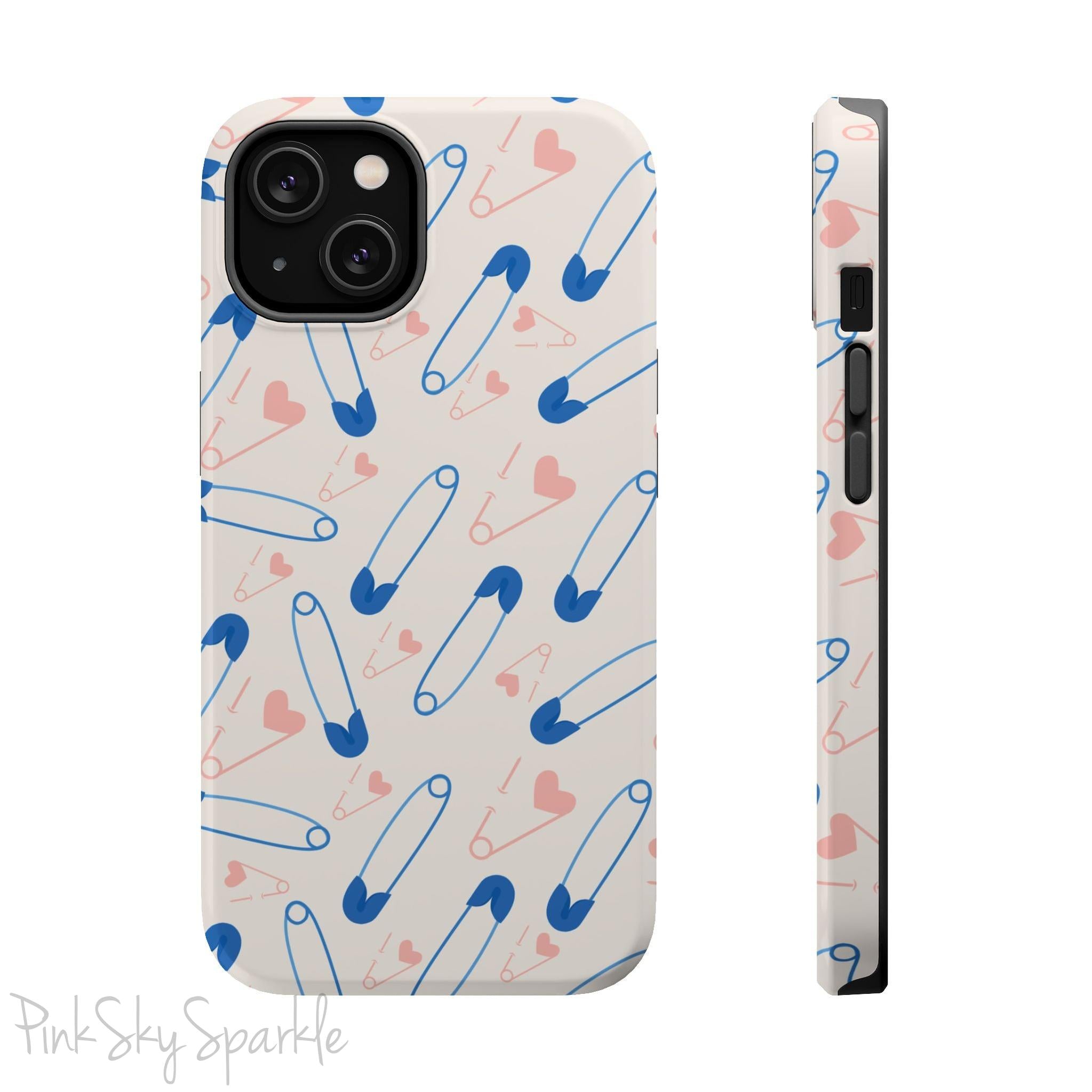 Make a statement with the Safety Pin Magnetic iPhone Case. Featuring a sleek design of blue safety pins, this case adds unique flair while providing durable protection for iPhone models 13, 14, 15, and 16.