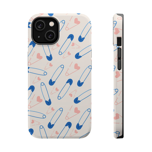 Make a statement with the Safety Pin Magnetic iPhone Case. Featuring a sleek design of blue safety pins, this case adds unique flair while providing durable protection for iPhone models 13, 14, 15, and 16.