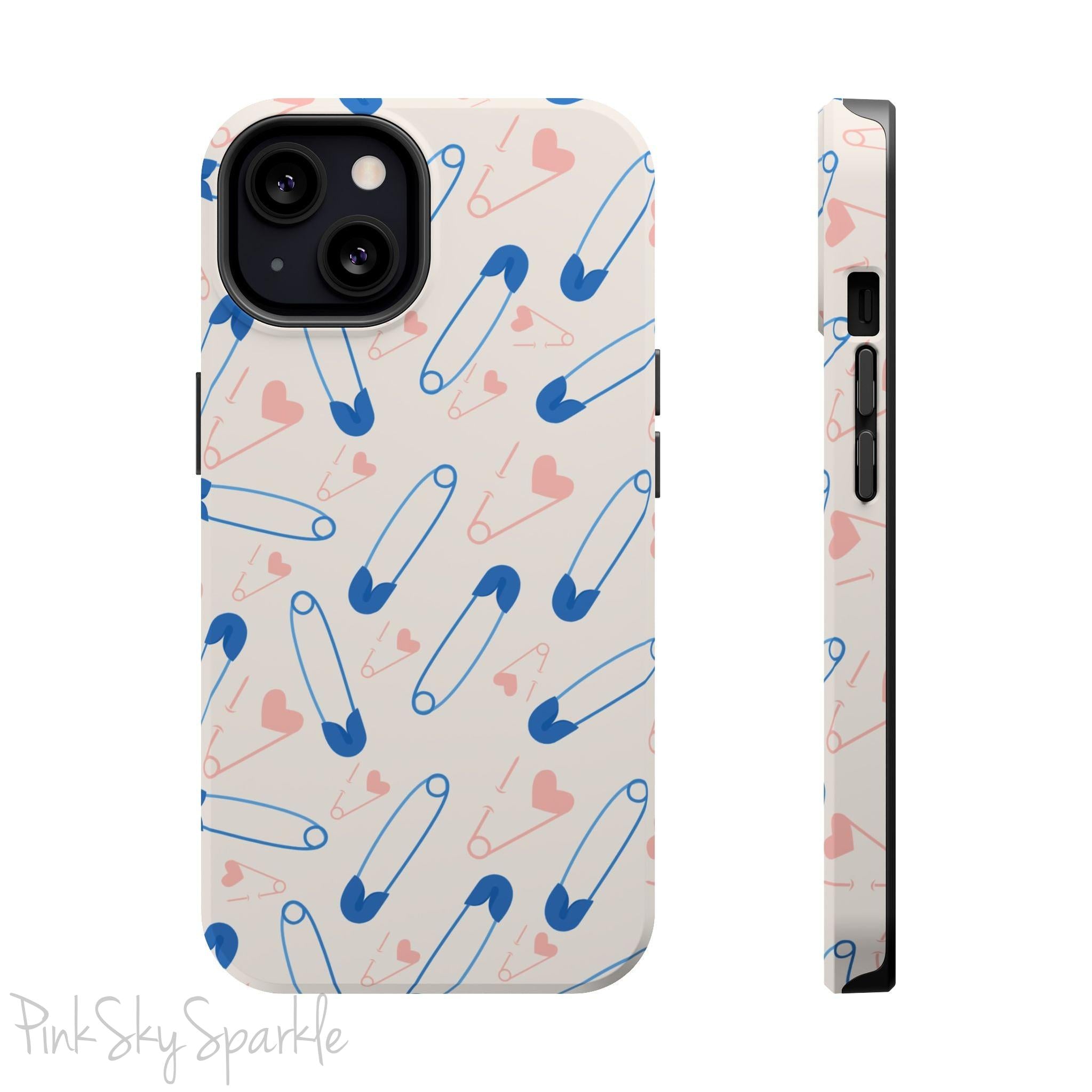 Make a statement with the Safety Pin Magnetic iPhone Case. Featuring a sleek design of blue safety pins, this case adds unique flair while providing durable protection for iPhone models 13, 14, 15, and 16.