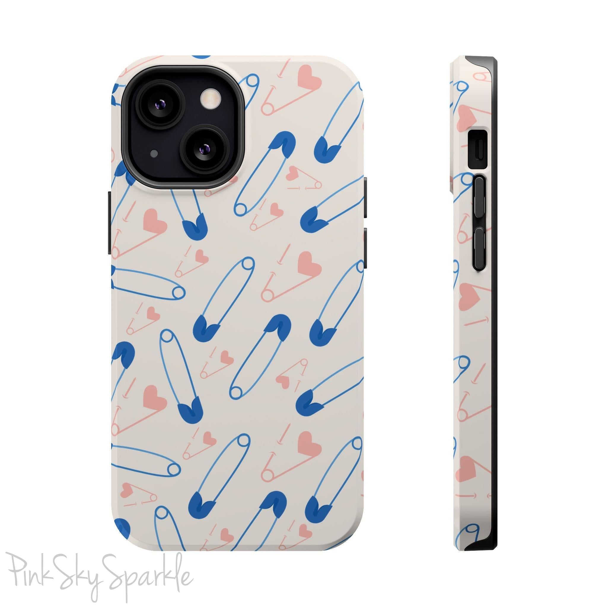 Make a statement with the Safety Pin Magnetic iPhone Case. Featuring a sleek design of blue safety pins, this case adds unique flair while providing durable protection for iPhone models 13, 14, 15, and 16.