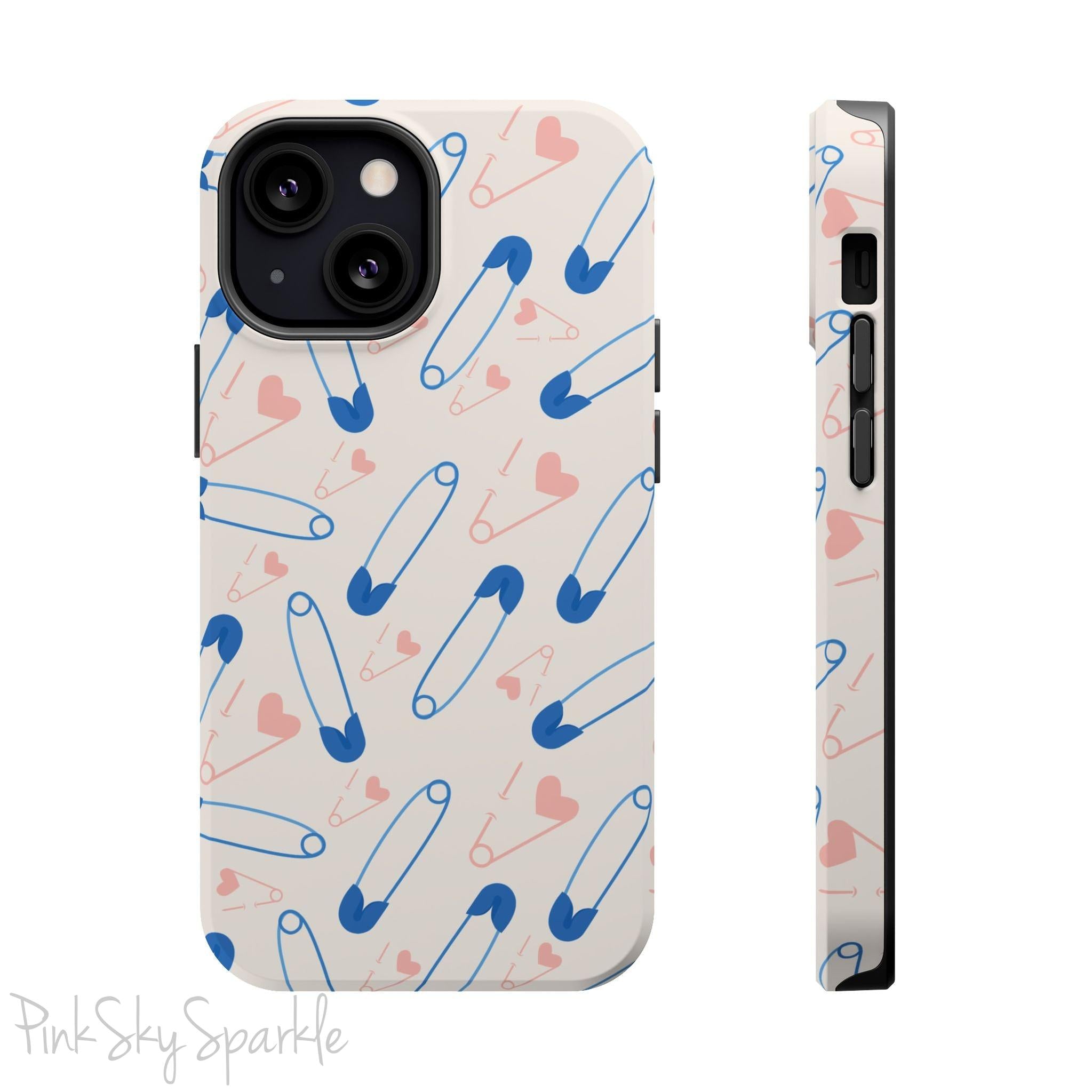 Make a statement with the Safety Pin Magnetic iPhone Case. Featuring a sleek design of blue safety pins, this case adds unique flair while providing durable protection for iPhone models 13, 14, 15, and 16.