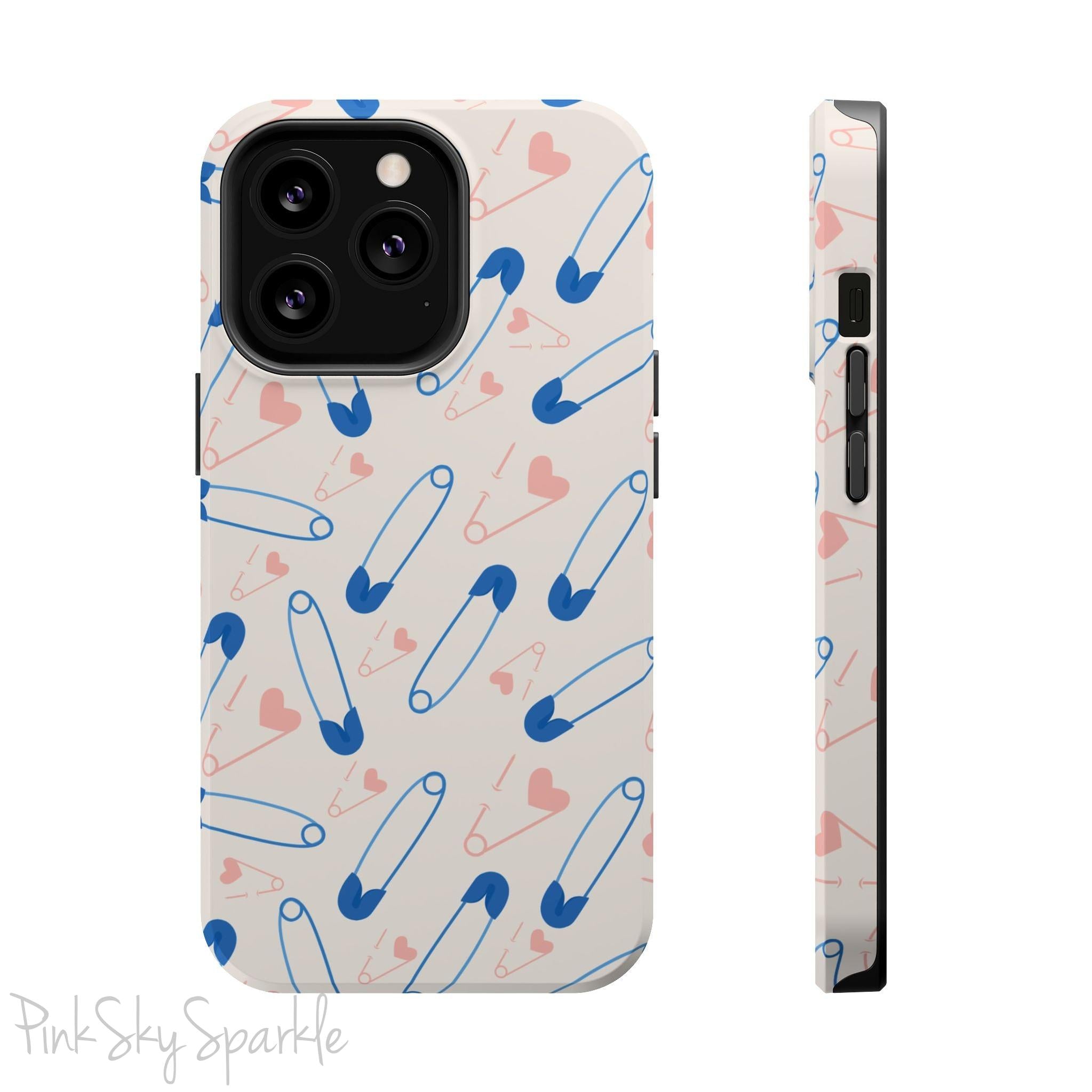 Make a statement with the Safety Pin Magnetic iPhone Case. Featuring a sleek design of blue safety pins, this case adds unique flair while providing durable protection for iPhone models 13, 14, 15, and 16.