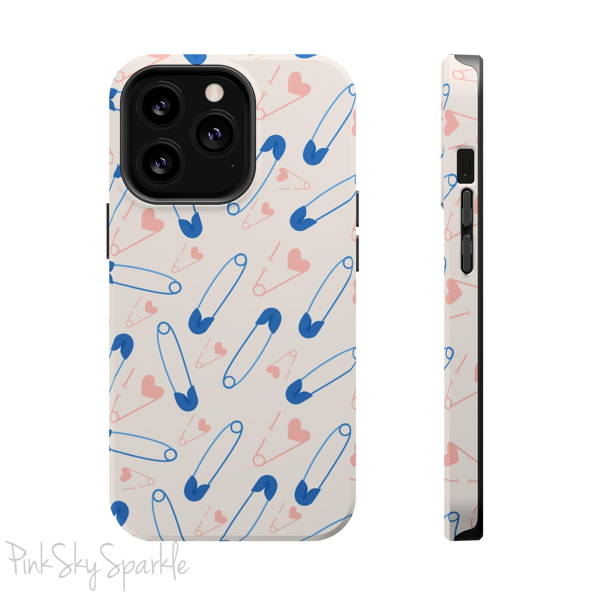 Make a statement with the Safety Pin Magnetic iPhone Case. Featuring a sleek design of blue safety pins, this case adds unique flair while providing durable protection for iPhone models 13, 14, 15, and 16.