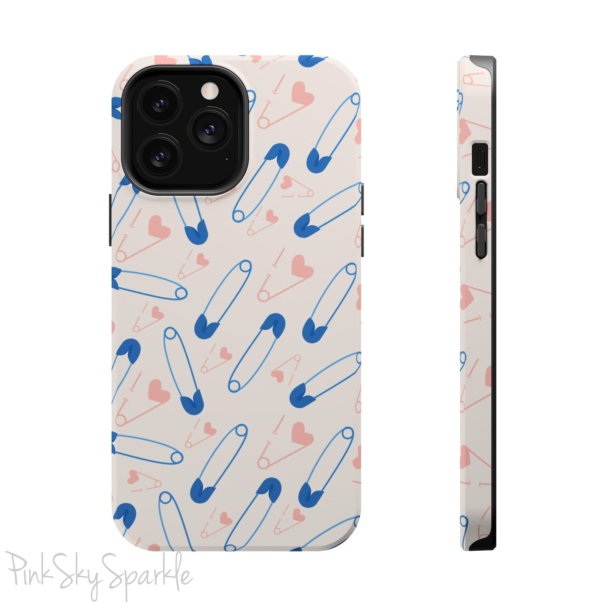 Make a statement with the Safety Pin Magnetic iPhone Case. Featuring a sleek design of blue safety pins, this case adds unique flair while providing durable protection for iPhone models 13, 14, 15, and 16.
