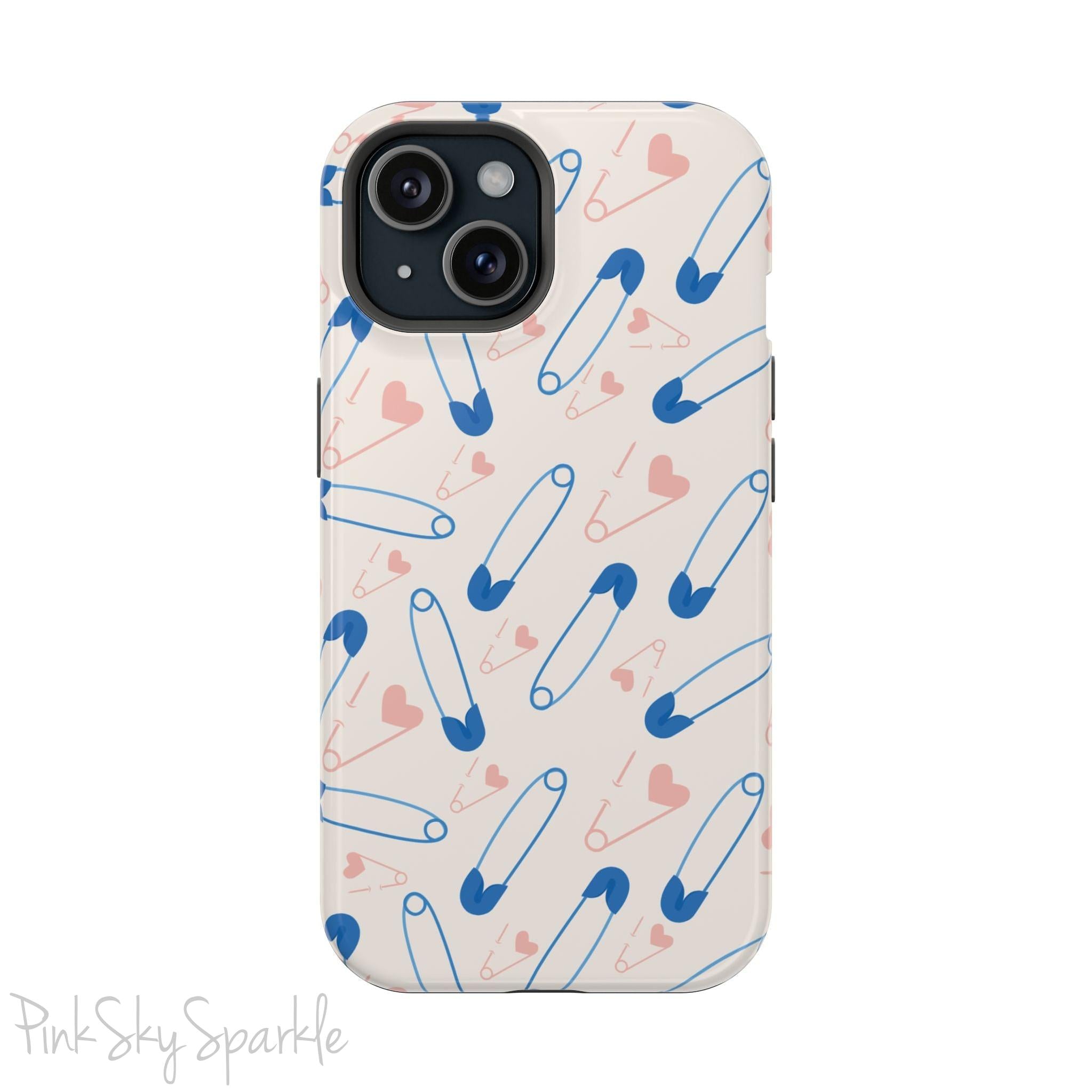 Make a statement with the Safety Pin Magnetic iPhone Case. Featuring a sleek design of blue safety pins, this case adds unique flair while providing durable protection for iPhone models 13, 14, 15, and 16.